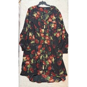 Ellos Floral Tunic Womens 3X Red Rose High Low Button Front Excellent